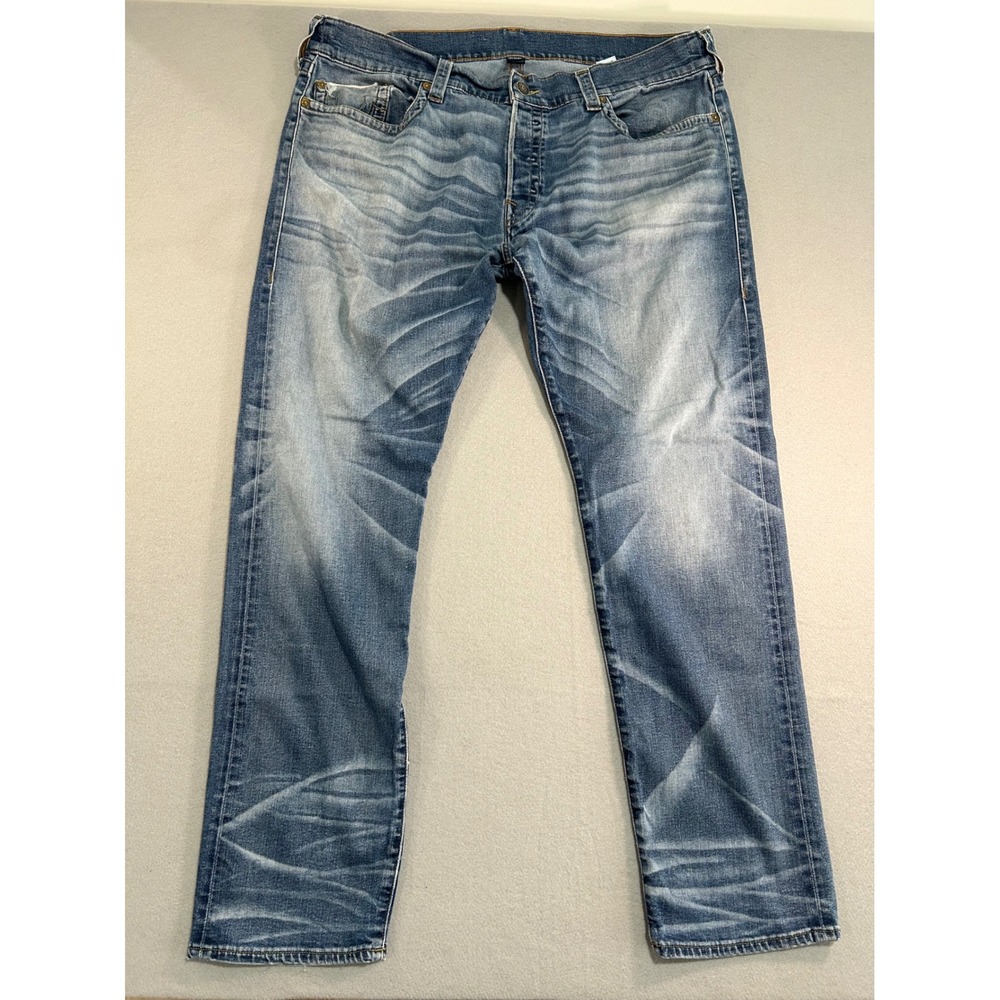 True Religion Jeans Mens 40 Blue Straight Leg Gino Slim Horseshoe Stitching
